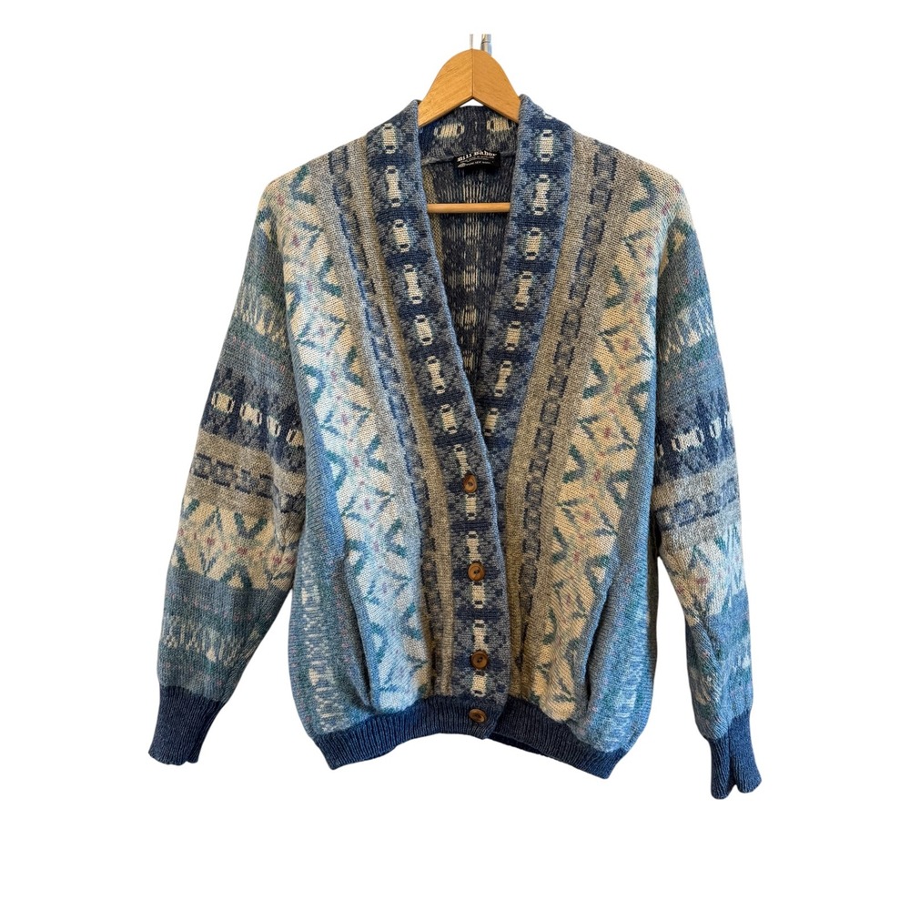Bill Baber Vtg Scottish Pure Wool Geometric Cardigan Blue/Grey Sweater Sz Small